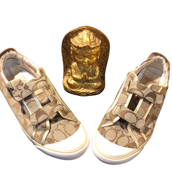 Coach Britt classic brown and tan with gold detail Velcro sneakers size 8 1/2 - Picture 3 of 14